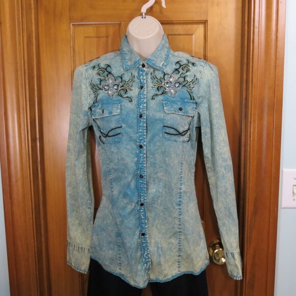 Roar Women's Western Long Sleeve Snap Shirt Rhinestones Bling Size Small - Picture 9 of 13